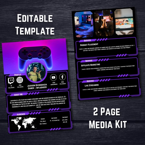 2 Page Media Kit & Rate Card, Gamer Media Kit, Influencer, Content Creator, Twitch Streamer, Editable Canva, Black, Social Media Template