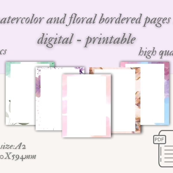 printable - digital - watercolor - floral designed bordered pages A2(420x594mm)