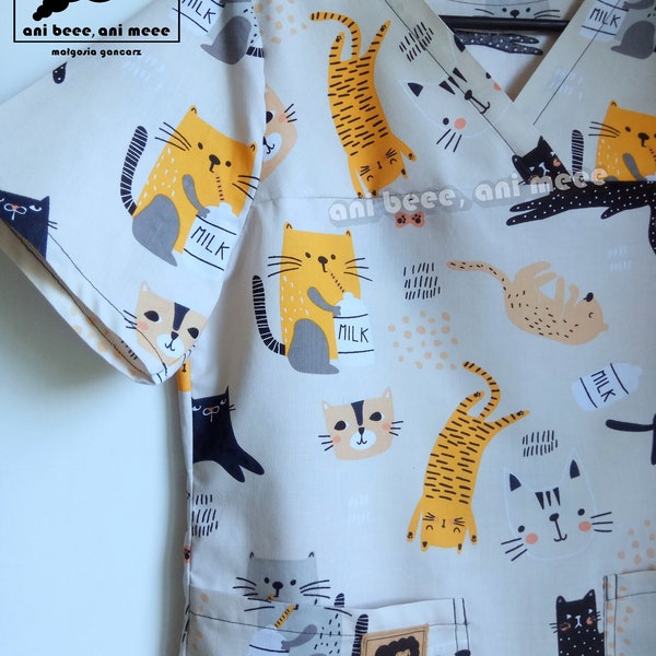 Medical Scrub, Various Patterns, UNISEX, Uniform, Top, Printed Shirt, Cotton, Vet, Dentist, Pediatrician, Midwife, Nurse, Animal, Funny Cats