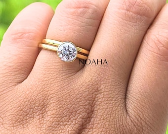 Pierścionek z brylantami w oprawie bezel, pierścionek z soliterem hodowanym laboratoryjnie, minimalistyczny złoty pierścionek do łączenia w stosy, okrągły pierścionek zaręczynowy z diamentem, pierścionki dla kobiet