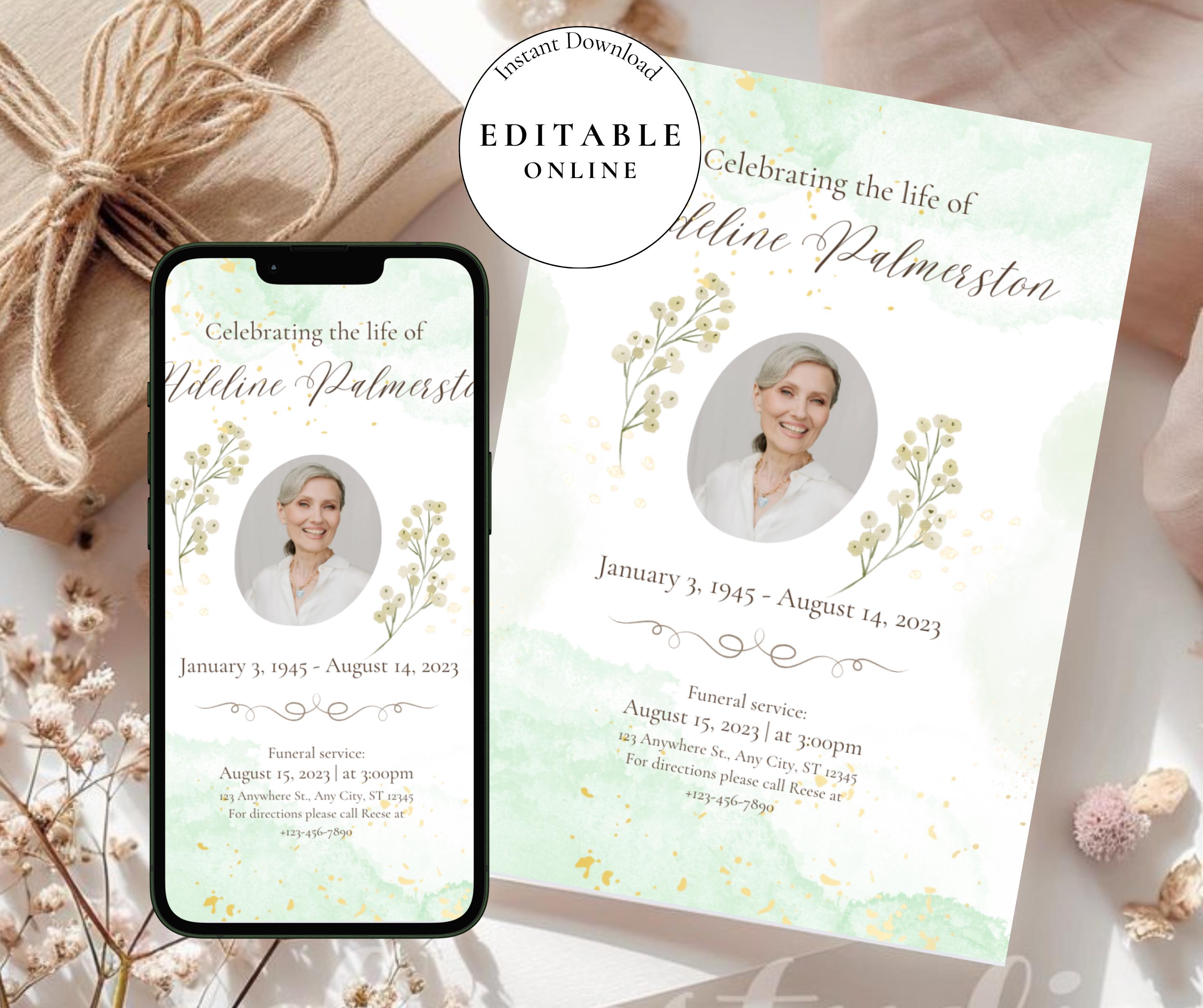 Funeral Invitation Modern Digital Template Celebration of Life Evite ...