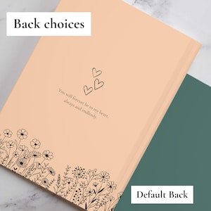 May include: A peach-colored notebook with floral illustrations and the text "You will forever be in my heart, always and endlessly." The words "Back choices" and "Default Back" are also visible.