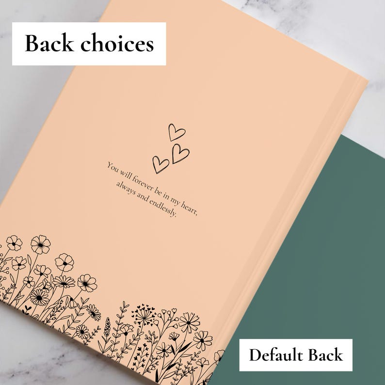 May include: A peach-colored notebook with floral illustrations and the text "You will forever be in my heart, always and endlessly." The words "Back choices" and "Default Back" are also visible.