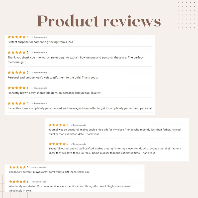 May include: A webpage titled "Product reviews" displays customer testimonials. The reviews are formatted with a five-star rating and a brief description of the product. The reviews praise the product's quality and personalization.