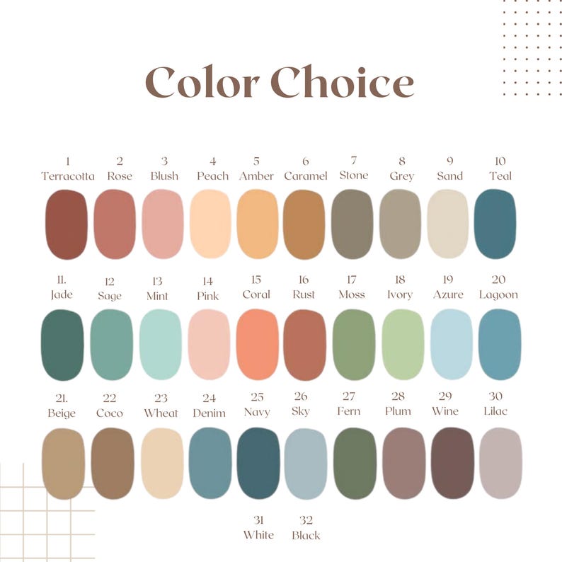 May include: A color chart with 32 color swatches, each labeled with a name. The colors range from Terracotta to Black, including shades of pink, blue, green, and neutral tones. The text "Color Choice" is at the top.