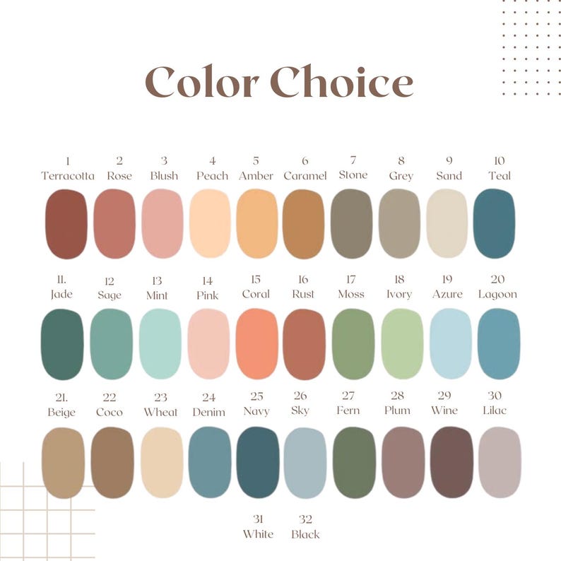 May include: A color chart with 32 color swatches, each labeled with a name and number. Colors range from Terracotta to Black, including shades of pink, blue, green, and neutral tones. The text "Color Choice" is at the top.