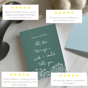 May include: A teal journal titled "Letters to my Mom" with the text "all the things I wish I could tell you" in white script. The cover features a floral design. Customer reviews with star ratings are visible.