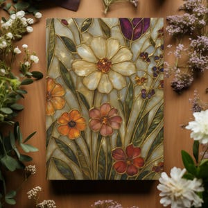 May include: A rectangular floral artwork featuring a large, cream-coloured flower with a golden centre, surrounded by orange, red, and pink flowers. The design includes green leaves and gold outlines, set against a light background.