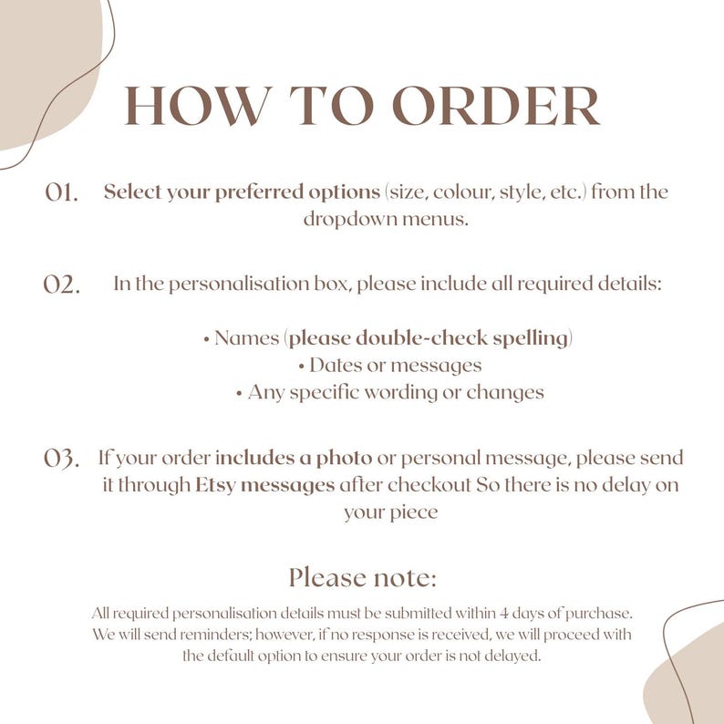 May include: A cream-colored graphic with the text "HOW TO ORDER" at the top. Instructions include selecting options, providing details in the personalization box, and sending photos via Etsy messages. Additional notes are provided.