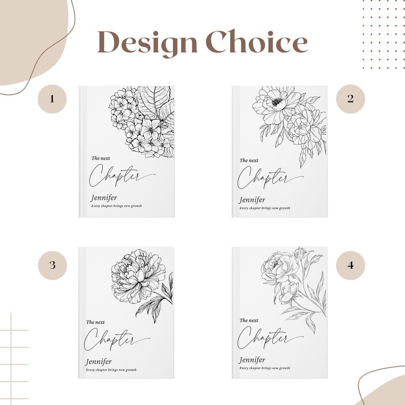 May include: Four white book covers with floral designs and the text "Design Choice". Each cover features a different black and white floral illustration. The text "The next Chapter" and the name "Jennifer" are also displayed on each cover. The phrase "Every chapter brings new growth" is written at the bottom.