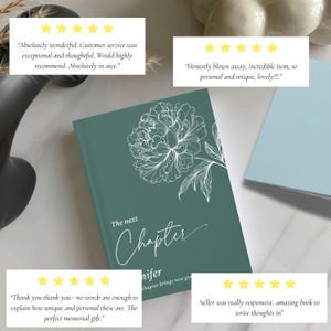 May include: A teal journal with a white floral design and the word "Chapter" in elegant script. The text "The next Chapter" is visible on the cover. Customer reviews with star ratings are also visible.