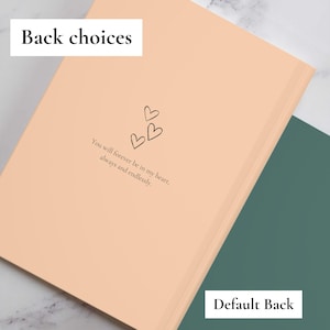 Może przedstawiać: Brzoskwiniowy notatnik z tekstem "Back choices" na g&oacute;rze i "Default Back" na dole. Notatnik zawiera trzy ilustracje serc i cytat "You will forever be in my heart, always and endlessly."