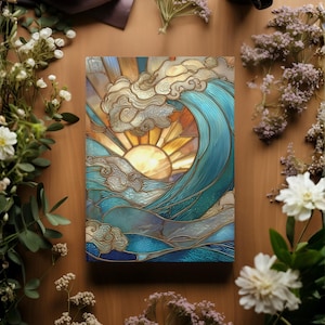 May include: A rectangular artwork depicts a stylized ocean wave with a setting sun. The wave is rendered in shades of blue and teal, with the sun in warm yellow and orange hues. The artwork has a stained-glass effect.