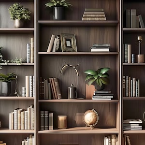 Może przedstawiać: Czarna drewniana biblioteczka z trzema sekcjami, każda z pięcioma półkami. Półki są wypełnione książkami, roślinami i przedmiotami dekoracyjnymi. Biblioteczka stoi przy białej ścianie.