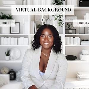May include: A woman wearing a white blazer sits in front of a white bookshelf with books and plants. The text "VIRTUAL BACKGROUND" is at the top of the image. The text "BLURRED" is on the left side of the image and the text "ORIGINAL" is on the right side of the image.