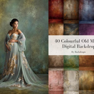 May include: A collection of 40 digital backdrops featuring a variety of colors and textures. The backdrops are inspired by the style of Old Masters paintings. The text "40 Colourful Old Master Digital Backdrops" is displayed in the center of the image. The text "By Backdropic" is displayed below the main text.