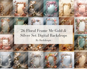 Flower Frame Gold & Silver Floral Backdrop Overlay Maternity Digital Background Wedding Digital Backdrop Digital Overlay Photoshop Overlays