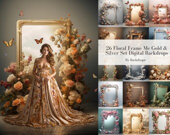 Cadres floraux Or et argent Floral numérique toile de fond Superposition Maternité Fond numérique Superpositions numériques Fine Art Textures Mariage numérique
