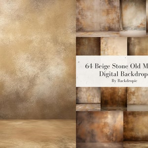 May include: A digital download of 64 beige stone old master digital backdrops. The backdrops feature a variety of textures and colors, perfect for adding a vintage feel to your photos. By Backdropic.