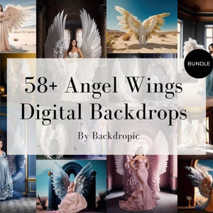 May include: A collage of digital backdrops featuring 58+ angel wings. The backdrops are in various colours and styles, including white, gold, and silver. The backdrops are perfect for photographers and graphic designers who want to create unique and magical images.
