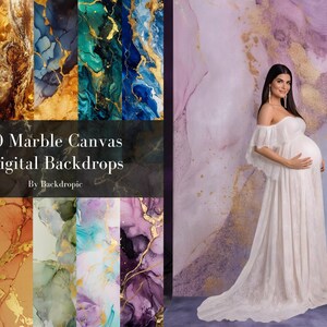 Puede incluir: Un conjunto de 20 fondos digitales de lienzo de mármol con acentos dorados. Los fondos presentan una variedad de colores, que incluyen rojo, dorado, azul, verde, morado y naranja. Los fondos son perfectos para fotógrafos y diseñadores que desean crear fondos únicos y elegantes para sus proyectos. "20 Marble Canvas Digital Backdrops" y "By Backdropic" están escritos en blanco sobre un fondo negro.