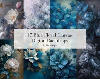 May include: A collage of 17 digital floral backdrops featuring blue and white flowers on a textured canvas background. The text "17 Blue Floral Canvas Digital Backdrops" and "By Backdropic" is displayed in the center of the image.