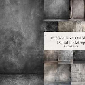 Op de afbeelding: Een collage van 35 digitale achtergronden met steen grijs en oude meester-stijl texturen. De achtergronden zijn perfect voor fotografen en grafisch ontwerpers die unieke en realistische scènes willen creëren.
