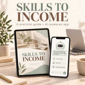 May include: A tablet and a smartphone displaying the text Skills to Income and a practical guide plus AI-powered app. The smartphone screen shows an AI learning assistant chatbot interface with options to learn a skill, make a plan, or get advice.