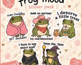 Funny Frog Sticker Pack | 5 Cute Frog Stickers | Waterproof Vinyl Stickers | Matte, Glossy, or Sparkle Finish | Mental Health Frog Bundle