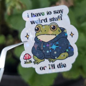 May include: A holographic sticker featuring a green frog wearing a dark blue hoodie, a small red mushroom, and the text i have to say weird stuff or i'll die. The design includes scattered star shapes that reflect light with a rainbow effect.