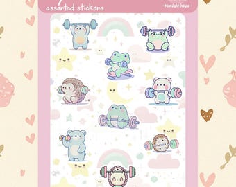 Cute Fitness Sticker Sheet - Cute Gym Stickers - Kawaii Workout Stickers - Bullet Journal Stickers | Planner | Scrapbook | Kindle Sticker