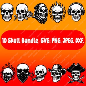 Skull SVG Bundle – 10 Skull Designs – PNG, DXF, Vector Clipart for Cricut, Silhouette, Tattoos, Decals, Crafts, laser cut file, cnc file