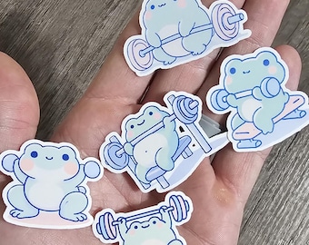 Pack of 5 Frog Fitness Stickers - Cute Gym Stickers - Kawaii Workout Stickers - Journal Stickers | Planner | Gym Stickers | Diary | Gym girl