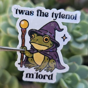 May include: A sticker featuring a cartoon frog dressed as a wizard, wearing a purple hat and cape, holding a staff with a golden orb. The text reads "'twas the tylenol m'lord". The sticker has a holographic finish.