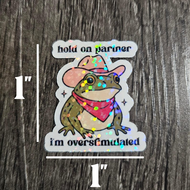 Hold On Partner I'm Overstimulated Sticker Cowboy Frog Sticker – Funny Anti-Social Meme – Cute Frog, Laptop, Water Bottle, Planner, Kindle image 3