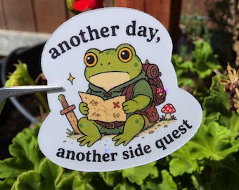 Another Day Another Side Quest Frog Sticker | Funny Fantasy Frog Sticker | RPG Gamer Sticker | Adventure Frog Decal | Cute Frog Sticker