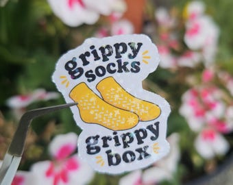 Grippy Socks Grippy Box Sticker | Funny Mental Health Humor Sticker | 2 Shape Options | Matte, Glossy, or Sparkle Finish |