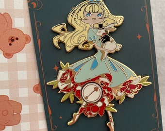 Alice enamel pin! - Alice in Wonderland - roses and white rabbit enamel pin