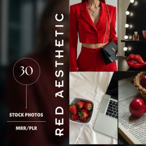 30 Red Aesthetic Stock Photos with MRR PLR Rights, Digital Marketing, Luxury Red Photos, Instagram Reels, Stock Images, Faceless Aesthetic