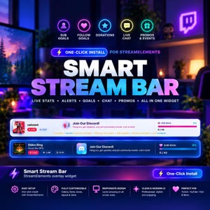 Könnte beinhalten: Ein digitales Smart Stream Bar Overlay-Widget für StreamElements mit Live-Statistiken, Warnmeldungen, Zielen, Chat und Promos. Die Benutzeroberfläche zeigt ein blau-violettes Verlaufsdesign mit Symbolen für Abonnentenziele, Follower und Spenden.