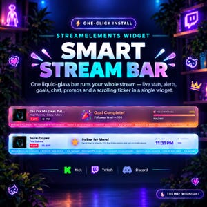 Puede incluir: Un widget digital de StreamElements titulado Smart Stream Bar con diseño de cristal líquido. Muestra estadísticas en vivo, alertas, objetivos, chat, promociones y un teletipo. La interfaz presenta degradados azul y morado neón con iconos de Kick, Twitch y Discord.
