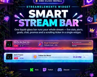 Stream Bar Overlay for StreamElements | One-Click Install Twitch, Kick Overlay, Live Alerts, Goals, Chat, Music | 17 Themes, No Coding