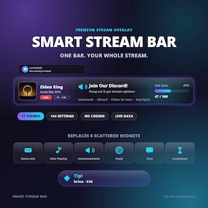 May include: A digital premium stream overlay titled Smart Stream Bar, featuring a dark purple and blue gradient interface. It displays game information, a Discord announcement, a sub goal progress bar at 47%, and six widget icons.