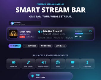 Animated Twitch Overlay for StreamElements, Liquid Glass Stream Bar with Goal Bar, Live Chat, Alerts & Now Playing, OBS Widget Download