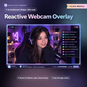 Puede incluir: Una superposición de cámara web reactiva digital para streaming con un borde brillante morado y azul, una ventana de chat en vivo, contador de seguidores, alerta de suscriptor y barra de progreso de objetivos. Incluye etiquetas de texto como Reactive Camera.