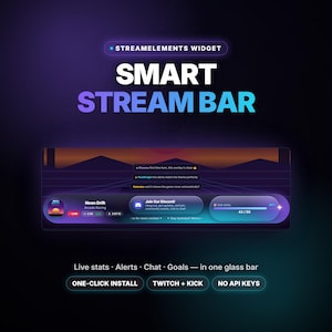 May include: A digital StreamElements widget titled Smart Stream Bar featuring a glass-style overlay with live stats, chat messages, and a subscription goal tracker. The interface displays neon purple and blue gradients with text elements.