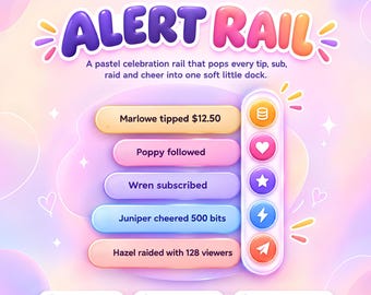 Notification Rail Pastel Alert Widget for StreamElements | Twitch Kick Overlay | 13 Event Types Animated Celebration Rail Alerts