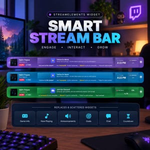 Könnte beinhalten: Ein digitales StreamElements-Widget mit einer Smart Stream Bar, bestehend aus drei horizontalen Leisten in Lila, Blau und Grün. Die Leisten zeigen Live-Stream-Informationen wie Uhrzeit, Zuschauerzahl und soziale Aufforderungen sowie sechs Symbole.