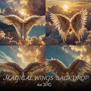 May include: Four digital images of white angel wings against a backdrop of clouds and a bright, golden sun. The text "MAGICAL WINGS BACKDROP 4x JPG" is at the bottom of the image.