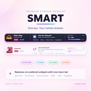 Op de afbeelding: Een digitale premium stream-overlay genaamd SMART, met een donkere en een lichte themabalk. De interface toont spelinformatie, Discord-links en abonnementsdoelen. Bevat labels voor 144 instellingen, 17 thema's, geen codering en live data.